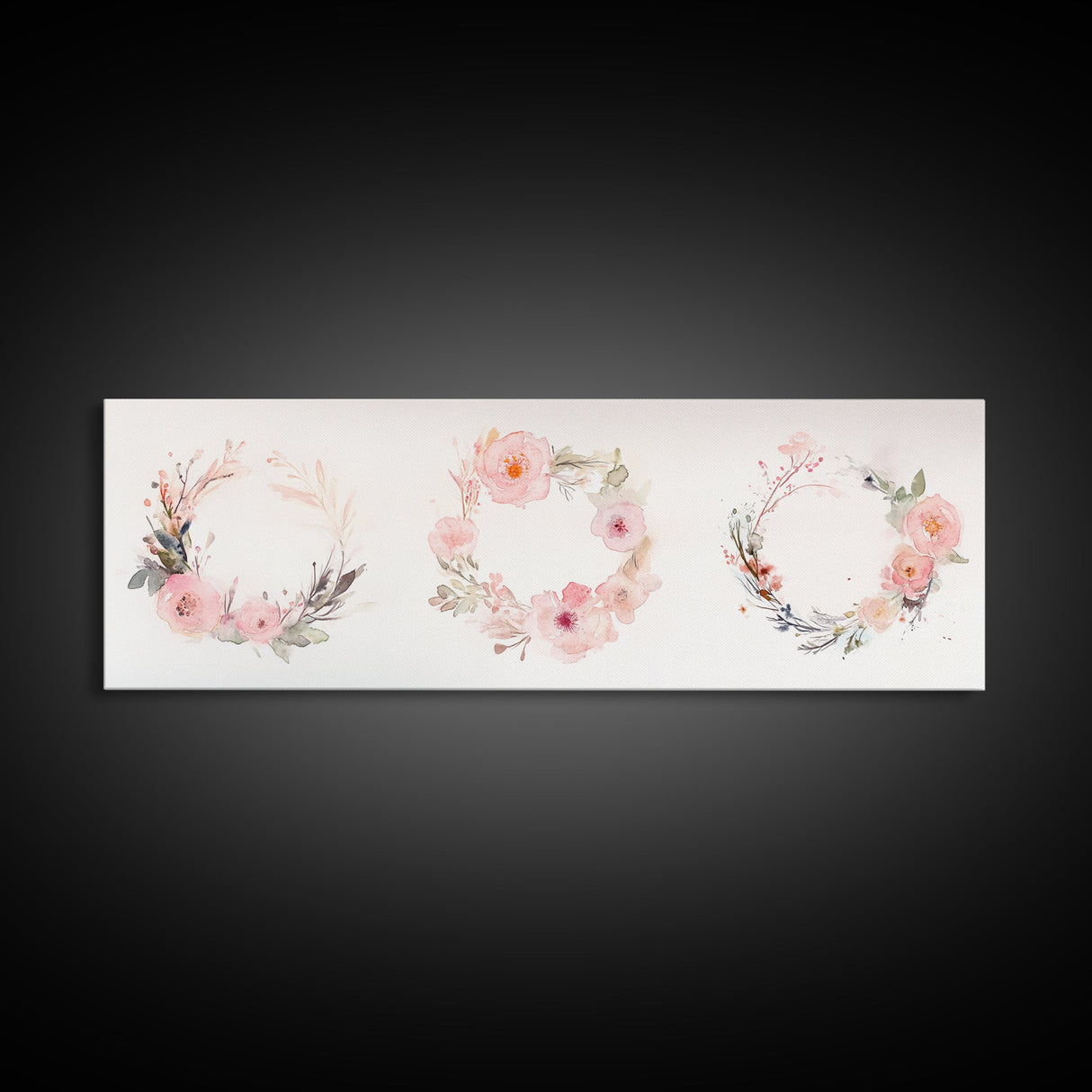Wildflower Wreath Painting Framed Canvas Print in Pastel Pink and Green, Vertical Rustic Farmhouse Artwork, Botanical Gift Idea