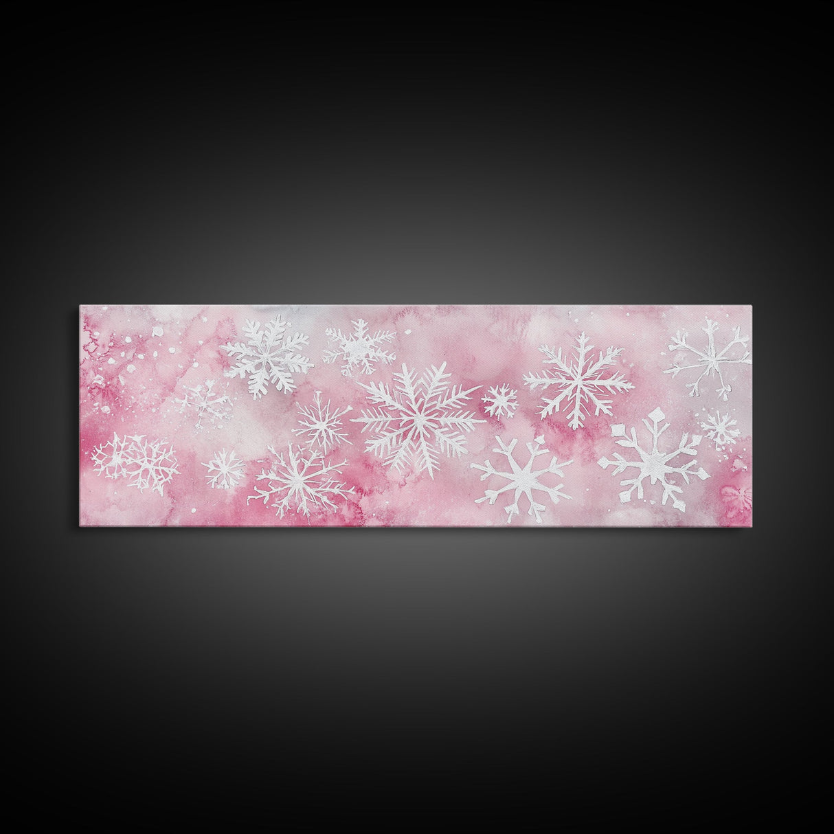 Delicate Snowflake Art Framed Canvas Print Light Pink Wall Art Minimalist Winter Décor Bedroom Living Room Artwork Horizontal Gift