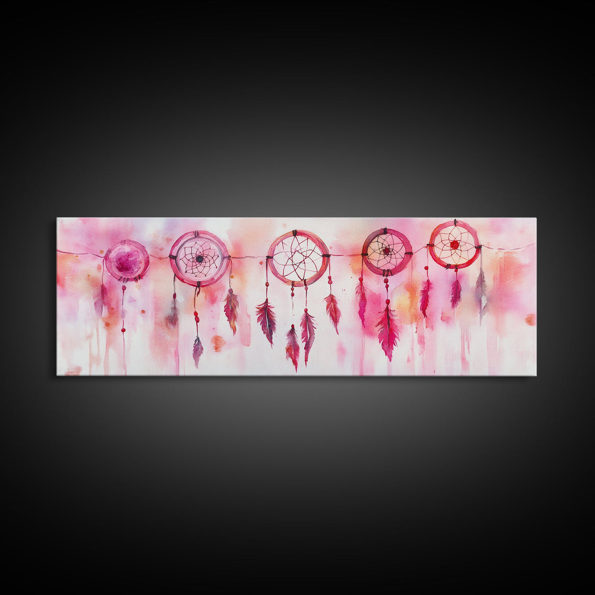 Dreamcatcher Canvas Print, Pink Orange Wall Art with Whimsical Artistic Feathers, Boho Art Idea for Living Room or Above Couch
