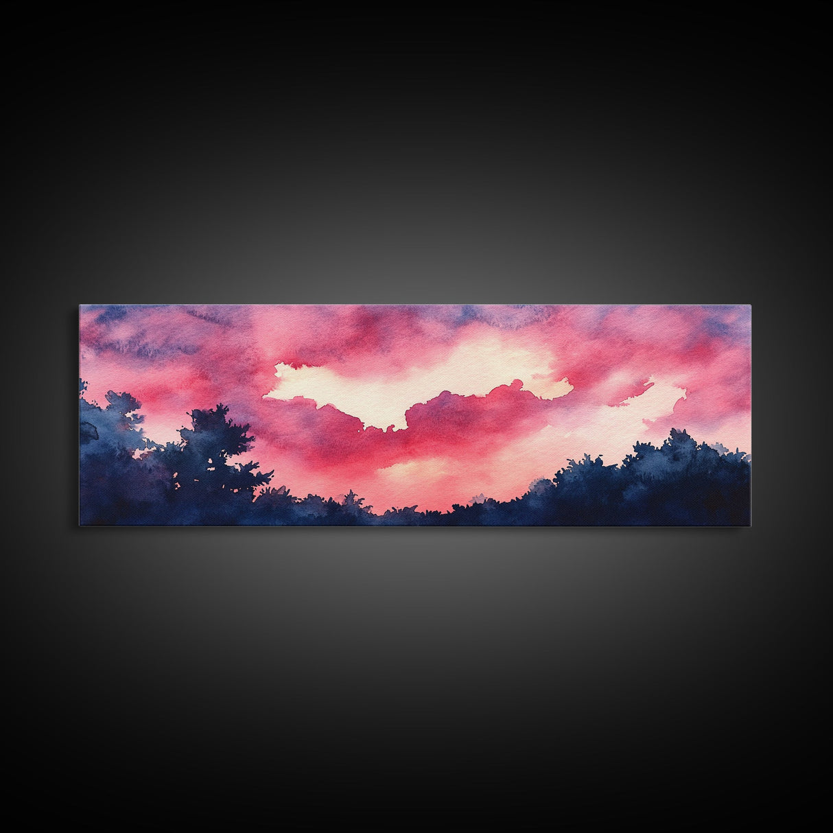 Forest Sunset Framed Canvas Print, Moody Evening Sky Painting, Smoky Mountain Landscape Art, Living Room or Bedroom Wall Decor