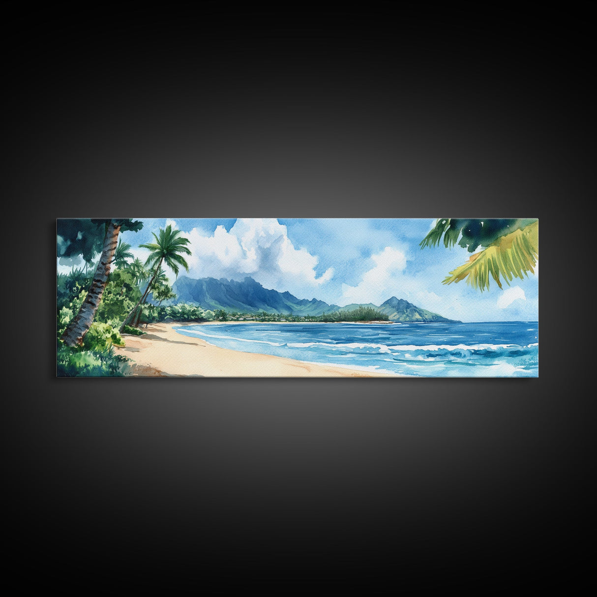 Serene Coastal Landscape Framed Canvas Print - Vibrant Hawaii Art, Nautical Beach Wall Decor, Panoramic Ocean Painting, Living Room Art