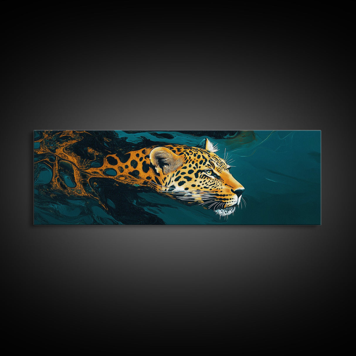 Leopard In Motion Framed Canvas Print - Abstract Jungle Painting, Teal And Orange Wildcat Art, Modern Safari Wall Decor, Bedroom Accent