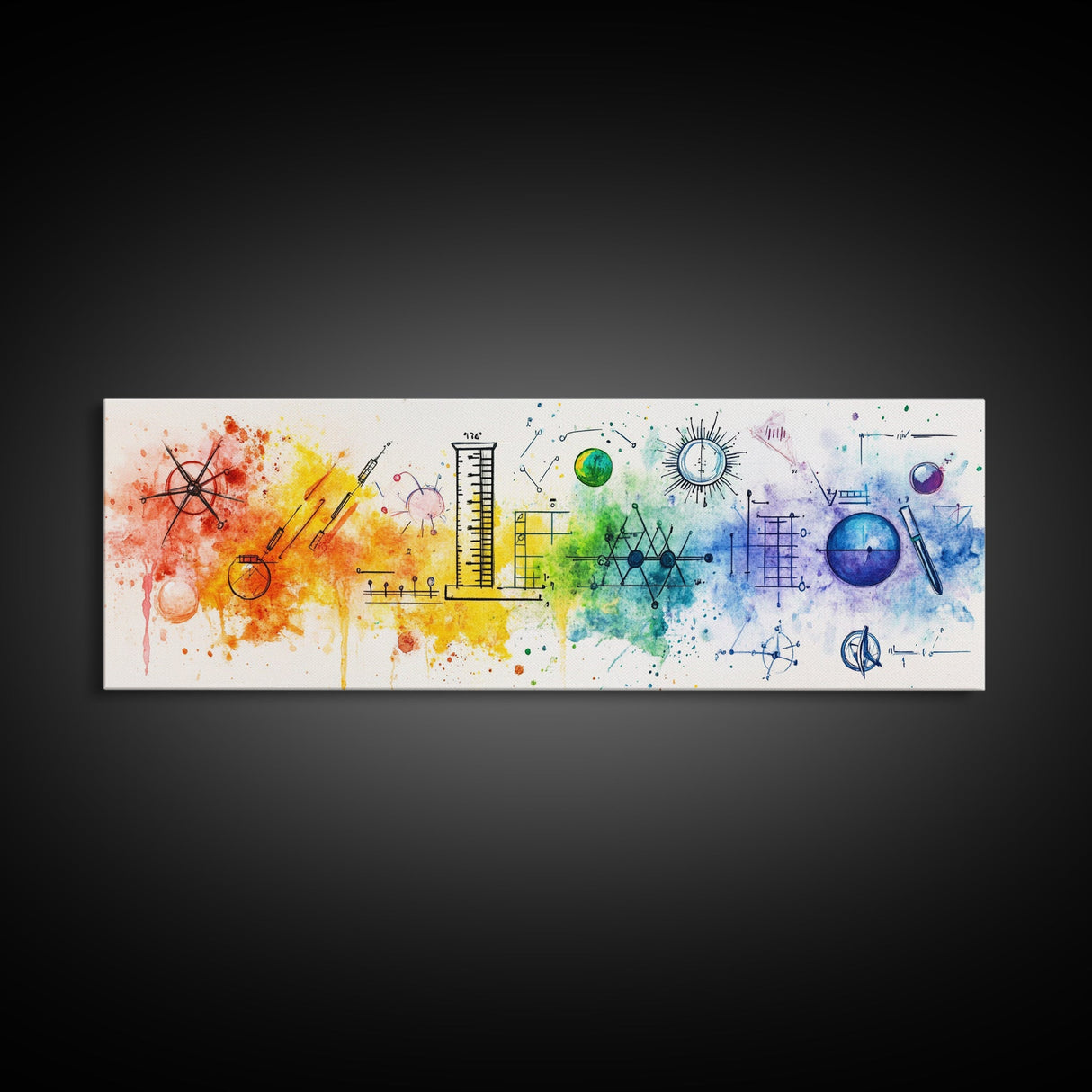 Vibrant Canvas Print of Colorful Science Art with Abstract Chemistry Diagrams, Therapy Art, Brain Art, Guest Room Art, Extra Wide Art