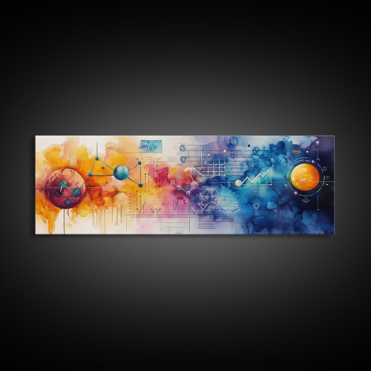 Framed Canvas Print of Cosmic Science Art with Space Diagrams, Therapy Art, Sacred Geometry Wall Art, Horizontal Living Room Art