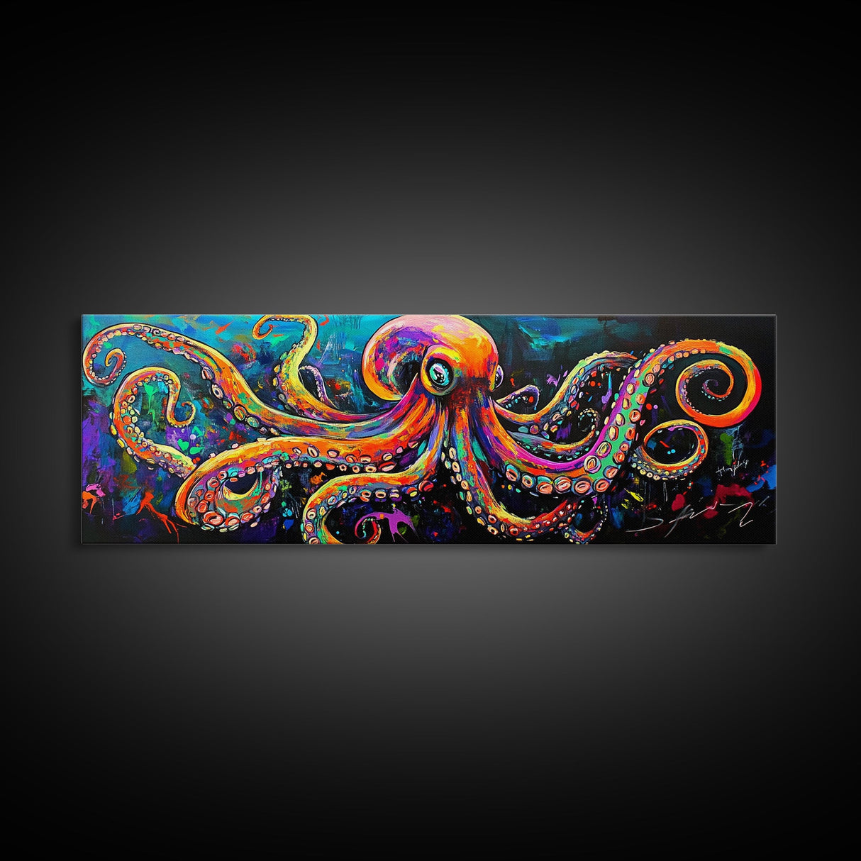Octopus Art Canvas Print with Bright Neon Colors, Whimsical Art, Coastal Decor, Nautical Wall Art, Tall Skinny Art, Above Bed Wall Art