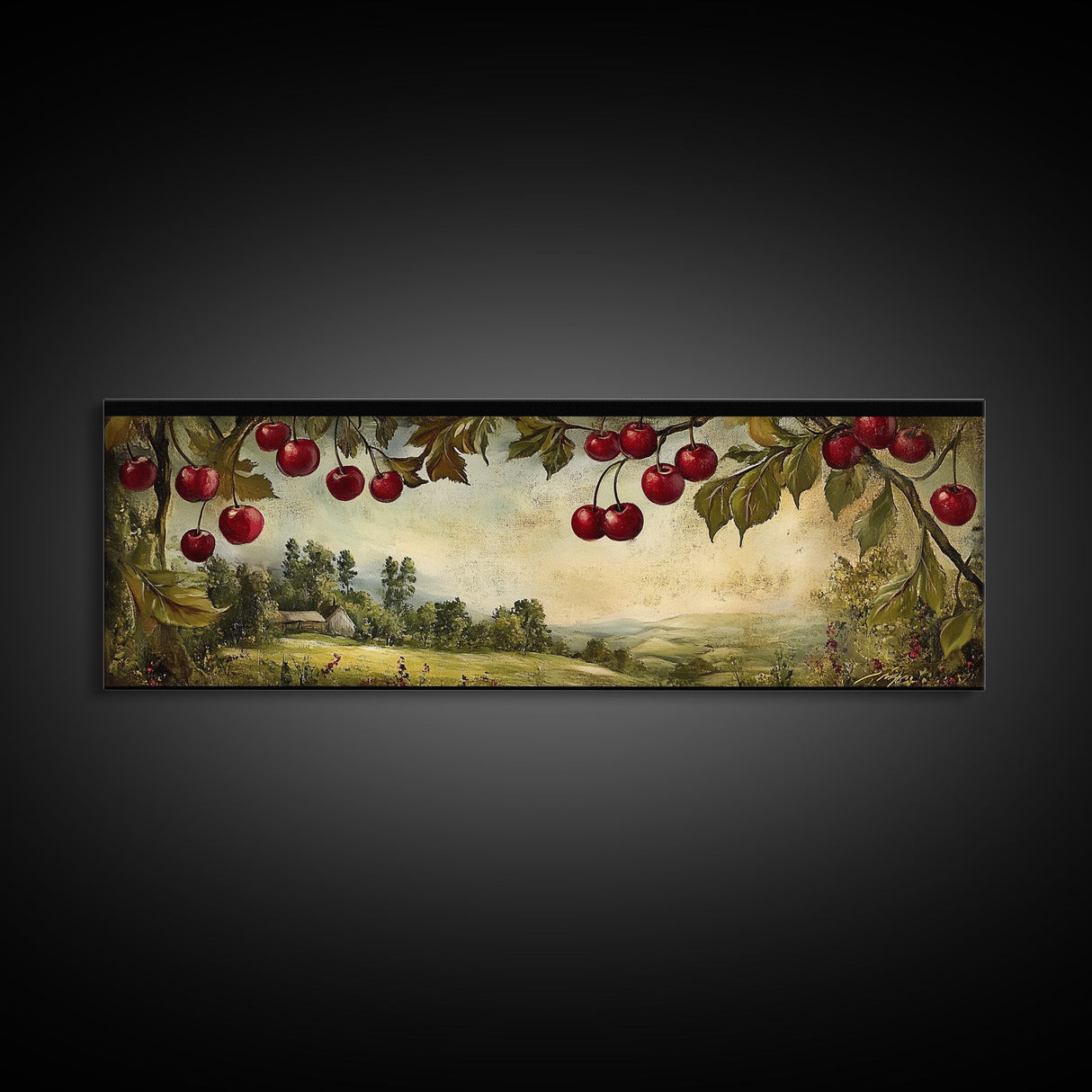 Framed Canvas Print Cherries Wall Art Panoramic Rustic Decor Living Room Horizontal Landscape Art Farmhouse Gift Idea Painting