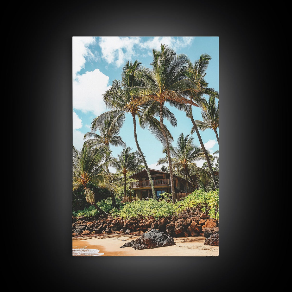 Tropical Beach House Canvas Print – Hawaii Art Coastal Landscape, Rustic Nautical Decor, Seaside Living Room Framed Wall Art