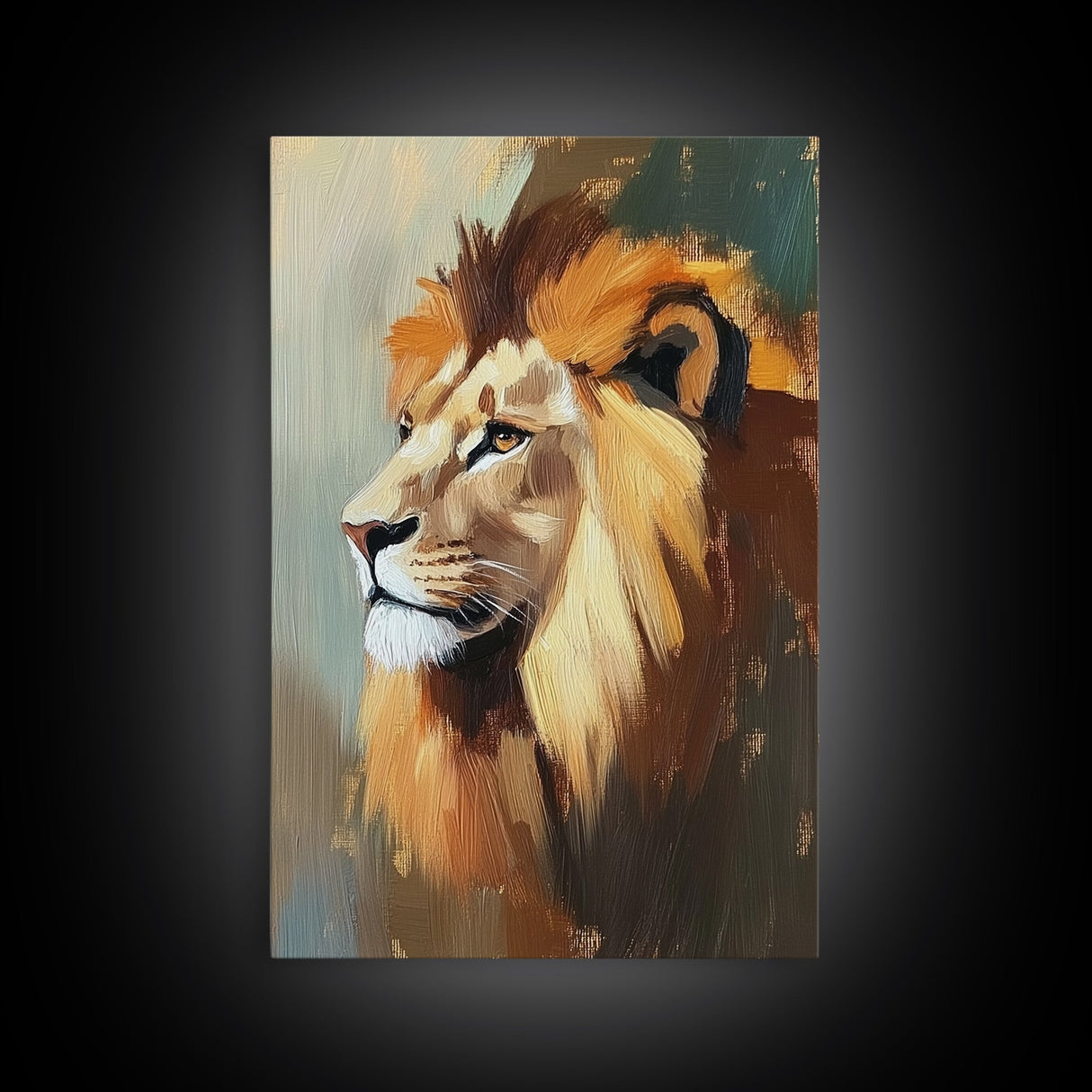 Lion Profile Oil Painting Framed Canvas Print – African Inspired Wildlife Art, Rustic Decor Above Bed Wall Art, Gift Idea Living Room
