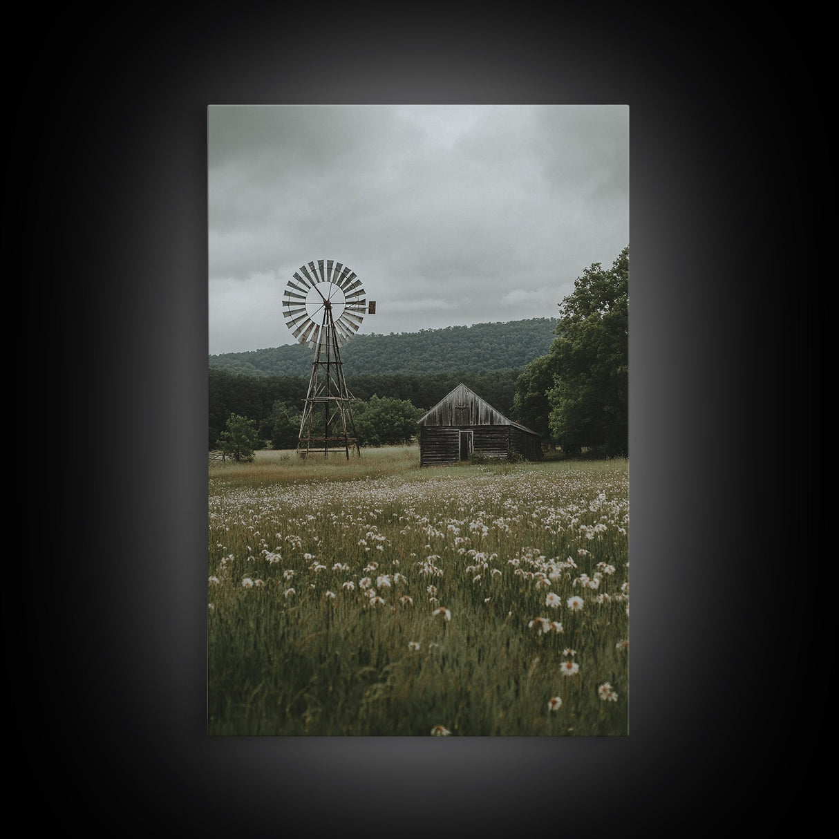 Framed Canvas Print Windmill Wall Art Rustic Barn Landscape Farmhouse Decor Above Couch Country Artwork Gift Idea Living Room Art