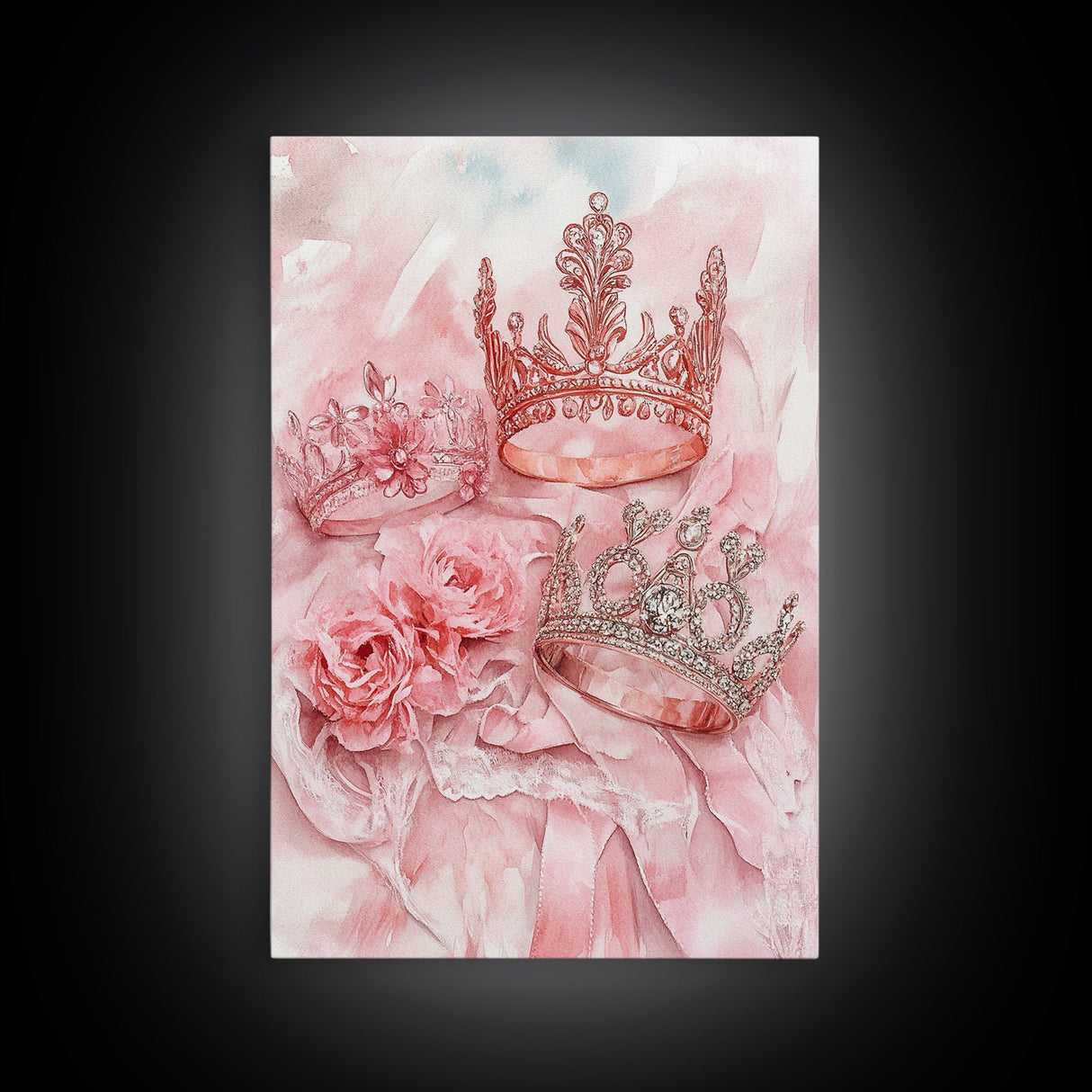 Elegant watercolor crowns and roses painting, framed canvas print, rose painting, goddess art print, chic pink wall art for living room