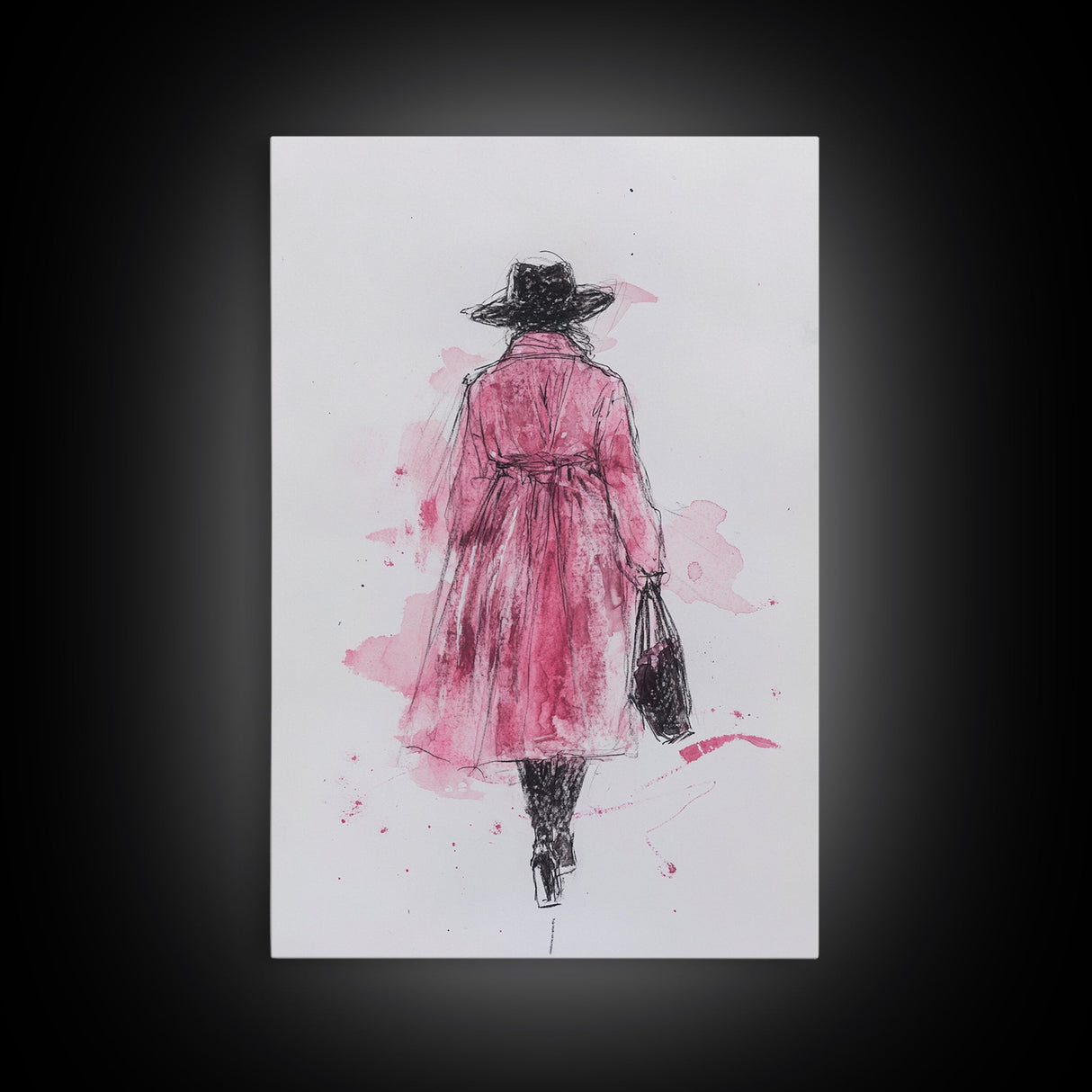 Woman in Coat Framed Canvas Print Light Pink Wall Art Moody Minimalist Fashion Illustration Rustic Aesthetic Unique Gift Idea