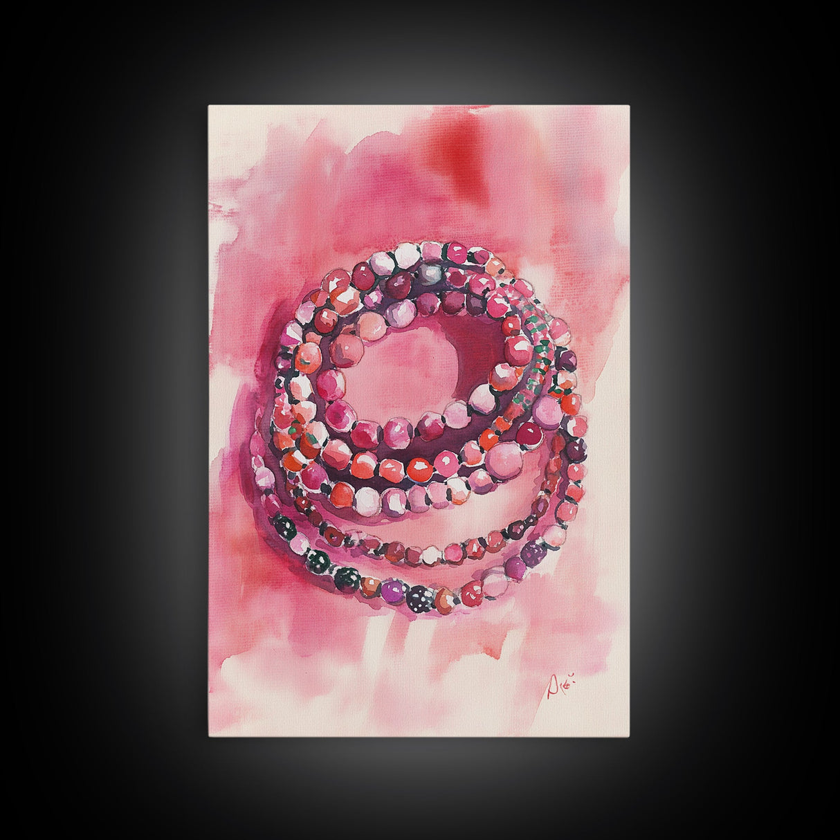 Vibrant gemstone bracelet painting with framed canvas print, gemstone painting, pink abstract art, moody art, living room decor