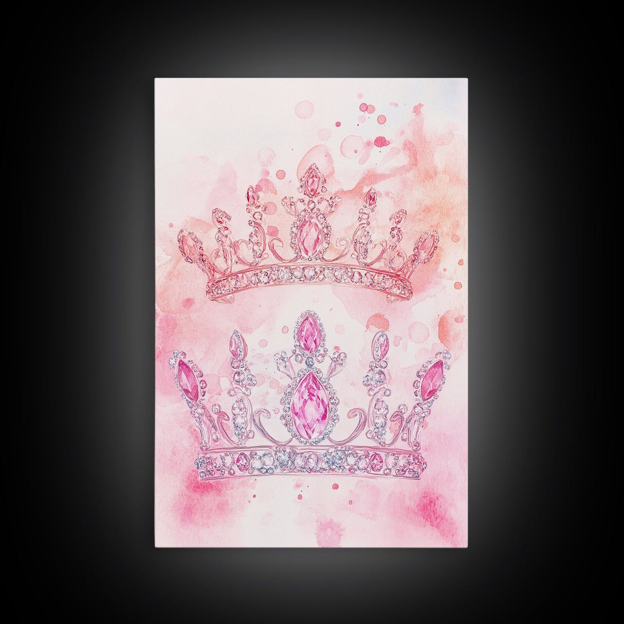Twin jeweled crown painting featuring framed canvas print, whimsical art, light pink wall art, goddess art print, gift idea decor