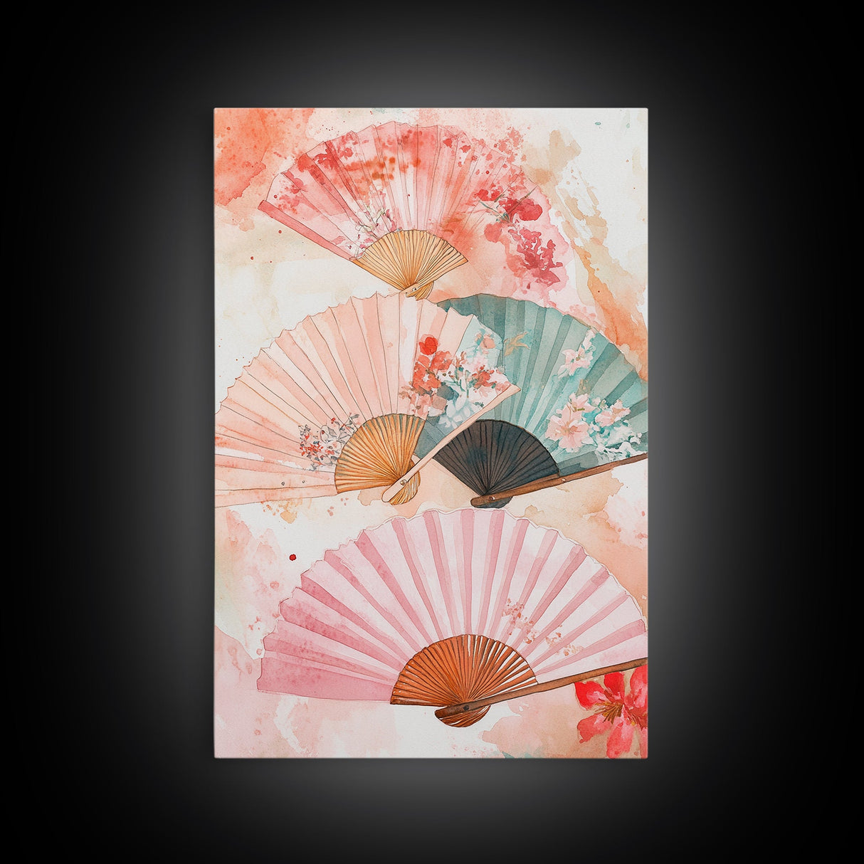 Japanese Fan Art Canvas Print Cherry Blossom Painting Chinoiserie Wall Art Boho Decor Vertical Wall Art Gift Idea Original