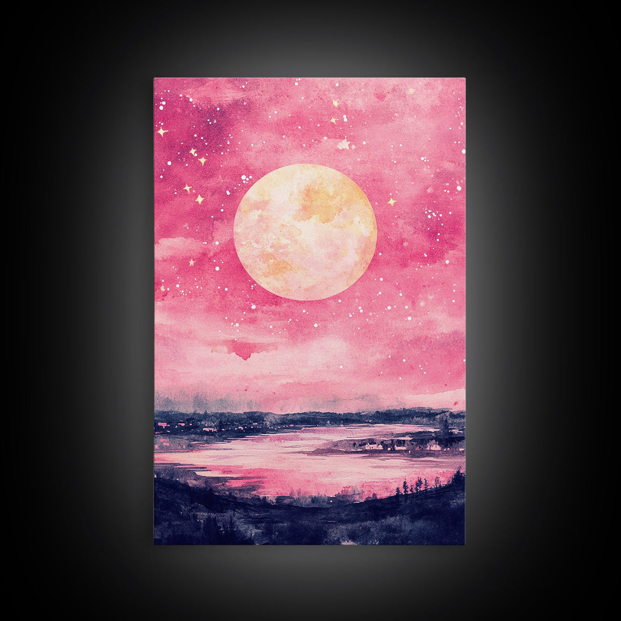 Moonlit Sky over Lake Framed Canvas Print, Pink Night Landscape Painting Coastal Wall Art, Minimalist Bedroom or Guest Room Decor