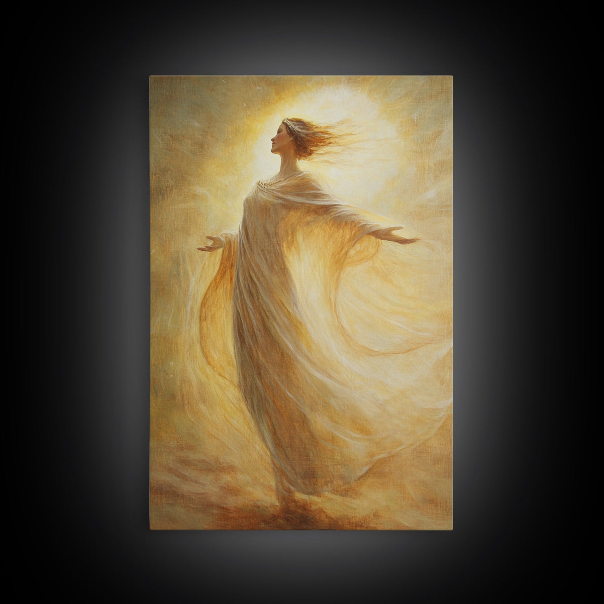 Radiant Golden Goddess Canvas Print, Stunning Angel Art Prints in Moody Style, Perfect Above Bed or as Warm Bedroom Wall Art
