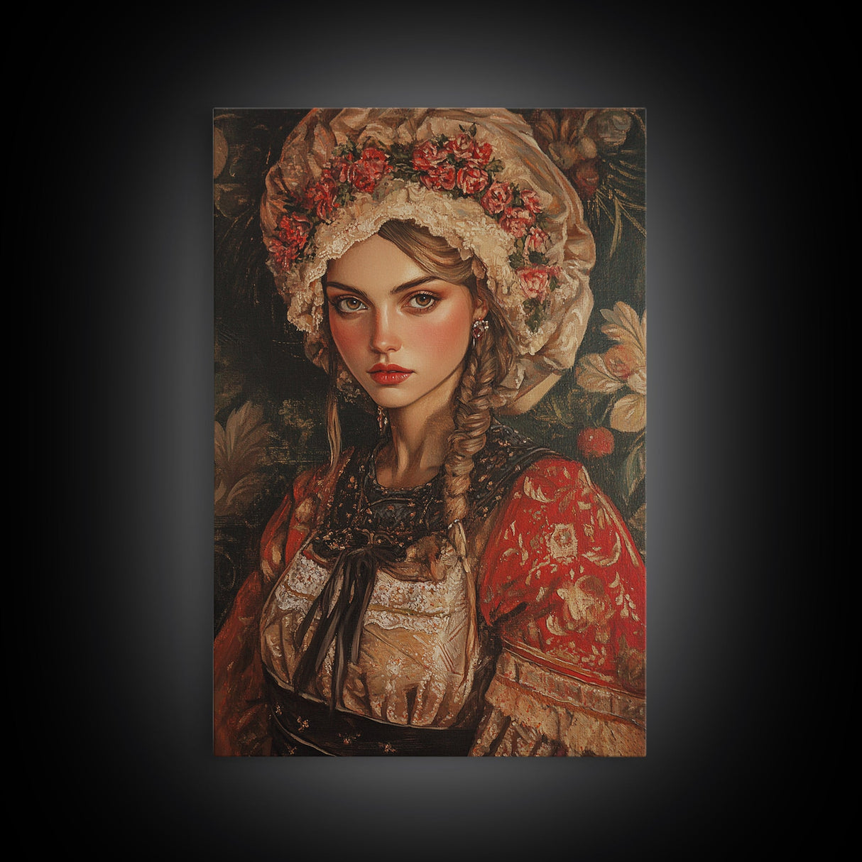 Vintage Folk Art Framed Canvas Print Featuring European Woman in Garden with Rustic Boho Aesthetic, Perfect Gift Idea for Her