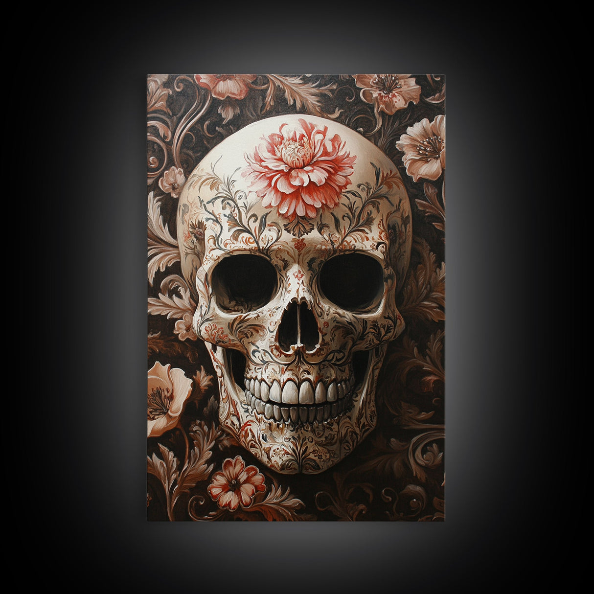 Skull Art Framed Canvas Print with Floral Botanical Prints in Gothic Chinoiserie Style, Perfect Halloween Rustic Wall Art Decoration