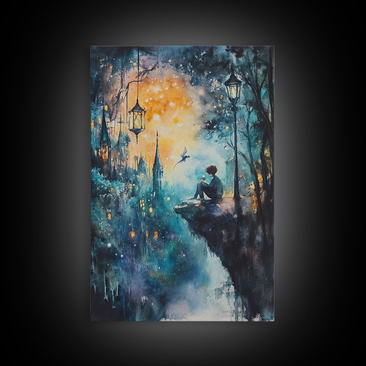 Magical Nightscape Framed Canvas Print Whimsical Fantasy Art Moody Wall Art Gift Idea Living Room Decor Dark Romantic Artwork