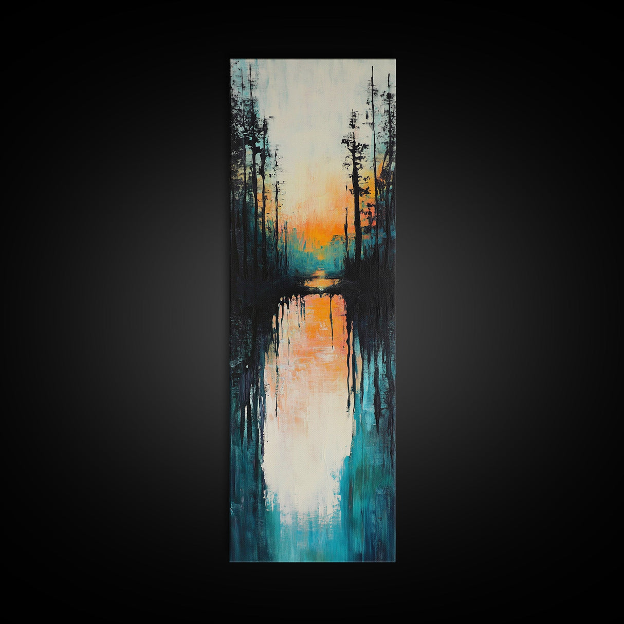 Sunset Reflection, coastal painting, pink orange wall art, lake Tahoe art farmhouse art, Framed Canvas Print, panoramic art
