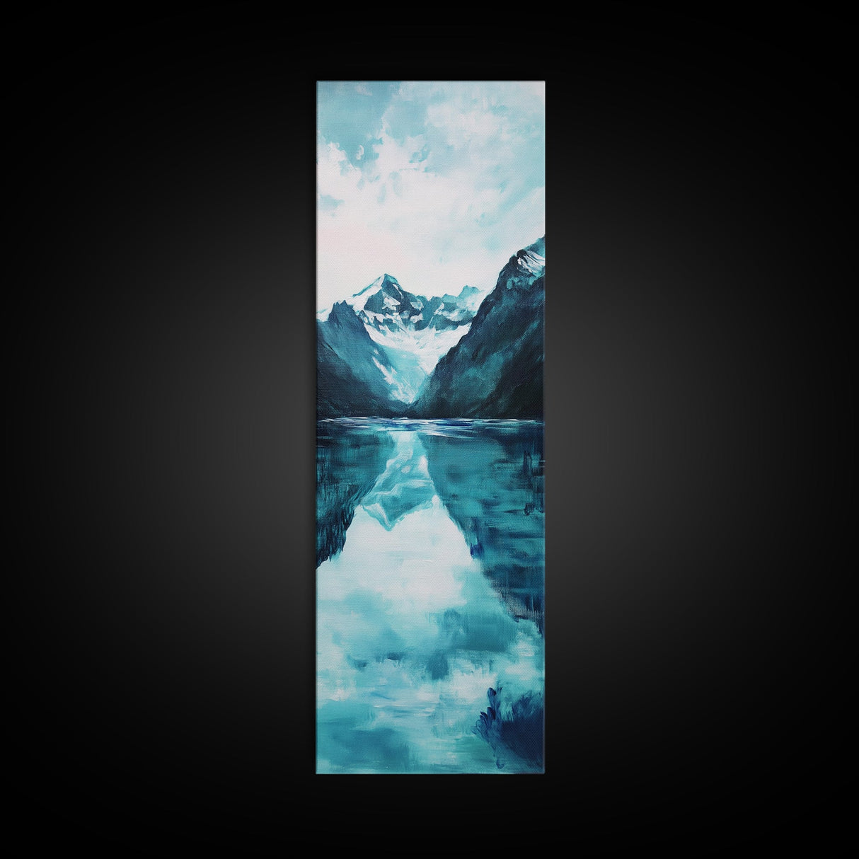 Glacier Lake, mountain painting, blue and green wall art, smoky mountain art, minimalist art, vertical wall art, Canvas Print