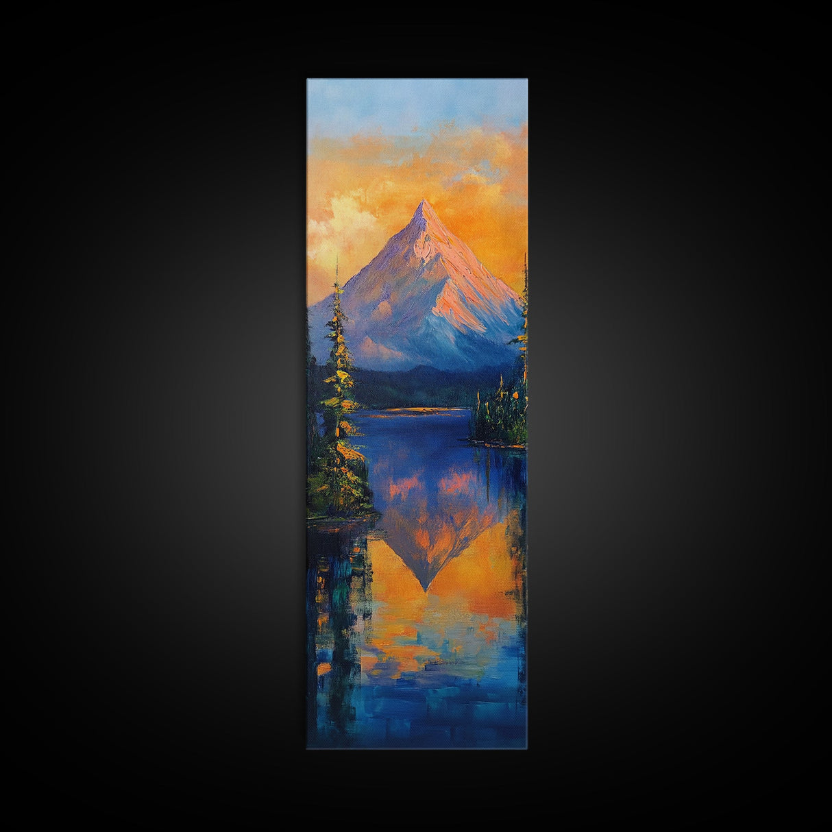 Landscape Painting, Framed Canvas Print, blue and green wall art, panoramic painting, extra wide art, mountain painting