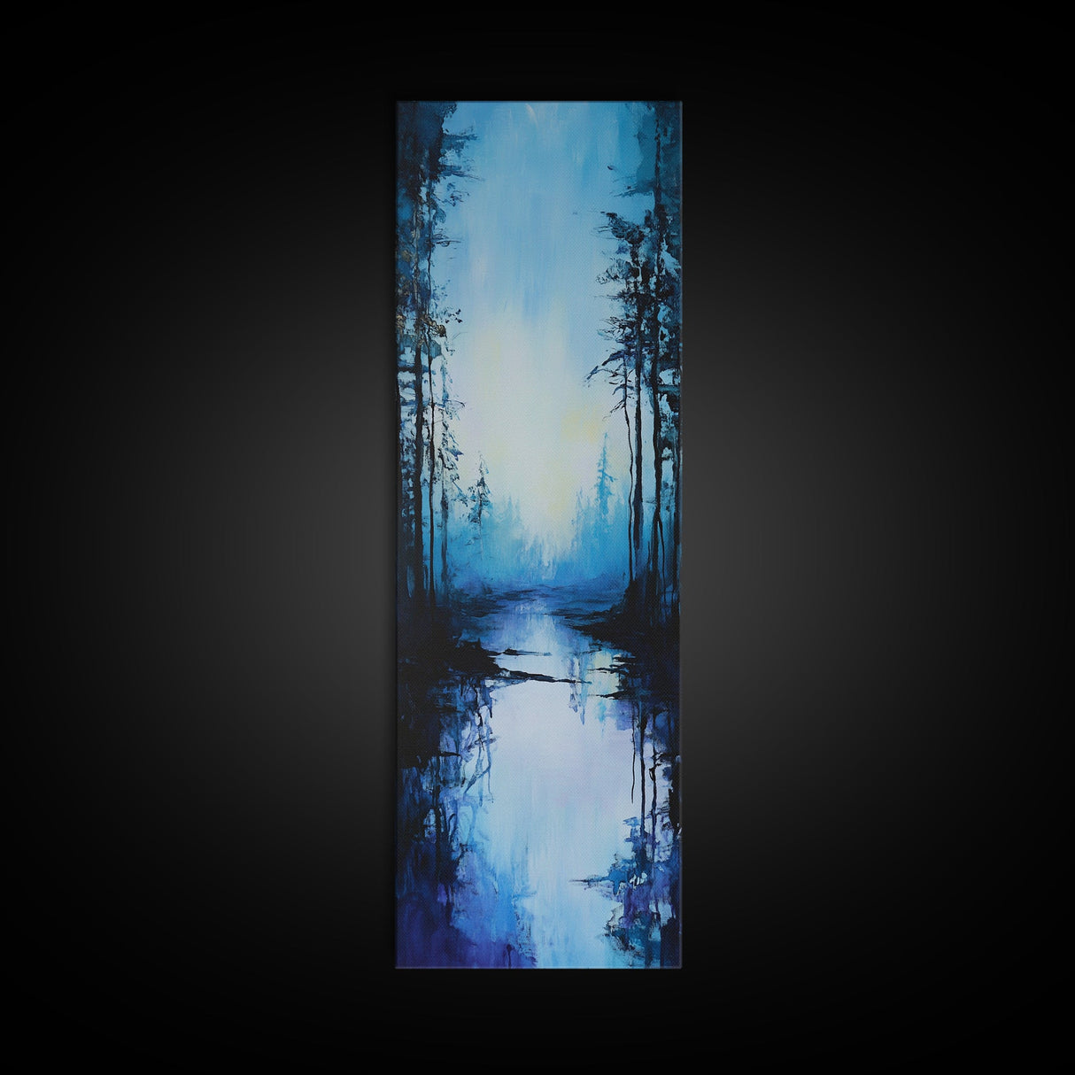 Misty Lake, Dark Forest, Moody Art, Landscape Painting, Minimalist Art, Blue and Green Wall Art, Framed Canvas Print, Vertical Wall Art