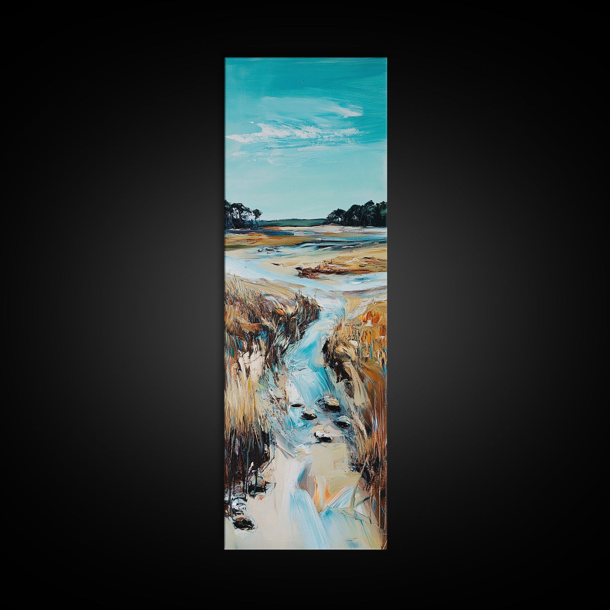 Marshland Stream, coastal landscape art, rustic wall art, farmhouse art, wabi sabi art, extra wide art, Canvas Print