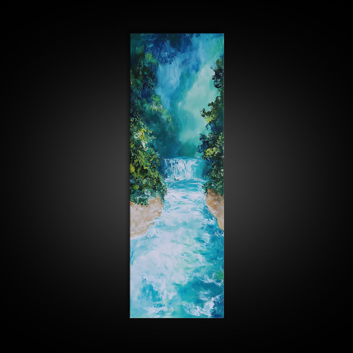 Waterfall Serenity, coastal landscape art, zen wall art, framed canvas print, wabi sabi art, tall narrow art, rustic decor