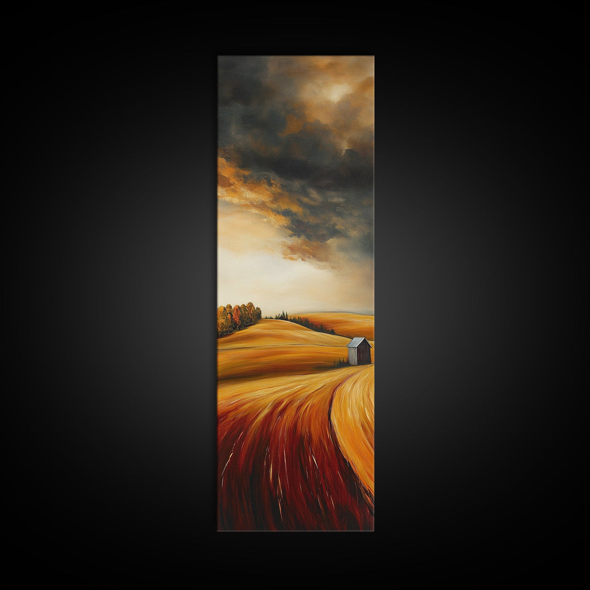 Autumn Fields, Stormy Sky, Golden Wheat, Canvas Print, barn landscape oil painting, farmhouse art, rustic wall art, fall decor