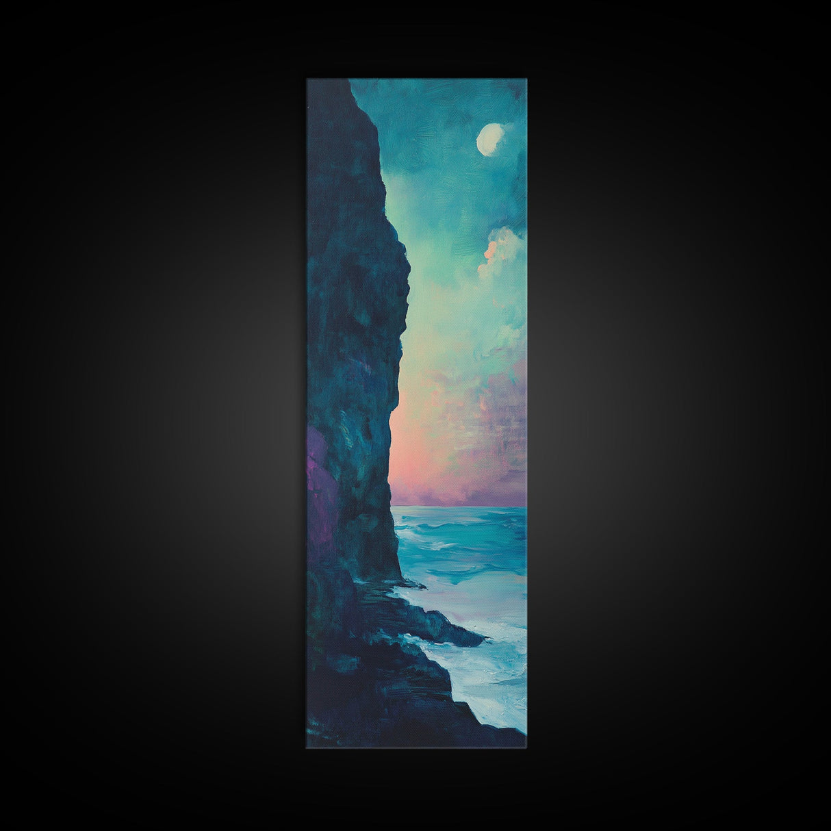 Cliffside Moon Painting, Moody Art, Coastal Wall Art, Landscape Painting, Ocean Art, Framed Canvas Print, Nautical Decor