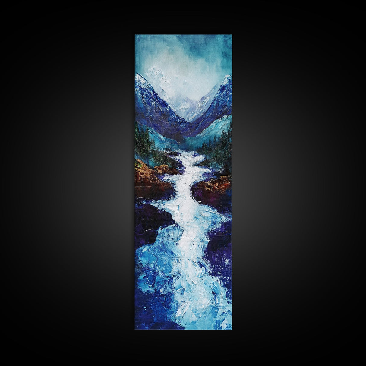 River in Mountains, moody landscape painting, smoky mountain art, rustic wall art, wabi sabi art, framed canvas print