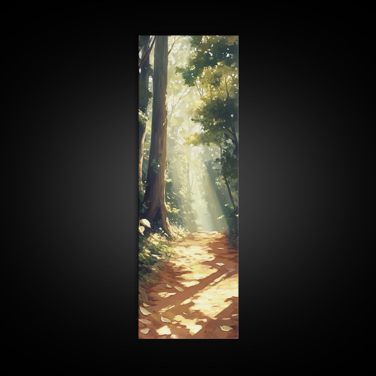 Forest Path, Sunlit Trees, Woodland Art, Framed Canvas Print, Landscape Painting, Tall Narrow Art, Rustic Décor