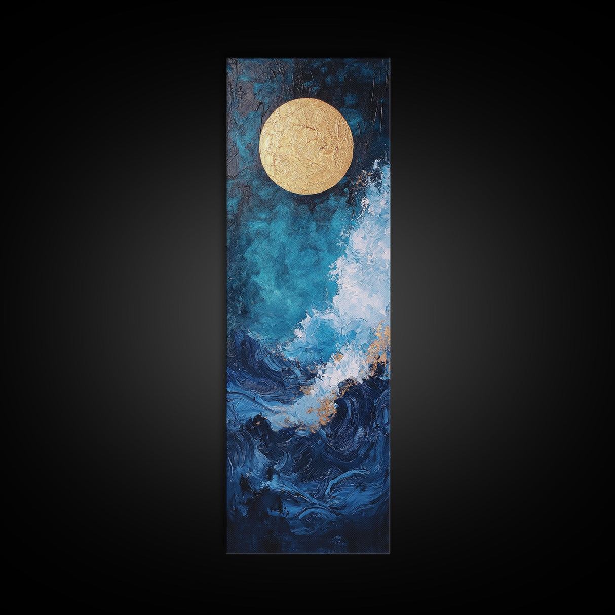 Golden Moon, crashing waves, nautical painting, moody art, coastal wall art, wabi sabi art, framed canvas print, ocean painting