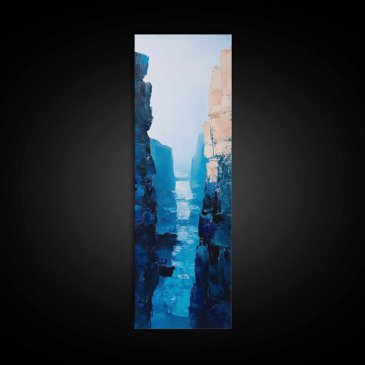 Canyon River View, landscape painting, blue and green wall art, nature lover gift, wabi sabi art, framed canvas print, vertical wall art
