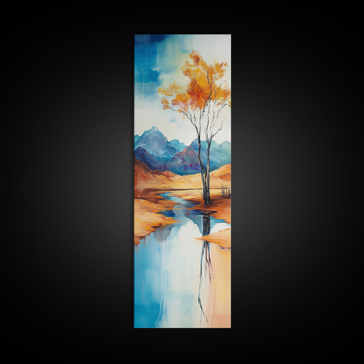 Autumn Reflections, landscape painting, birch tree art, above bed wall art, rustic wall art, framed canvas print, tall narrow art