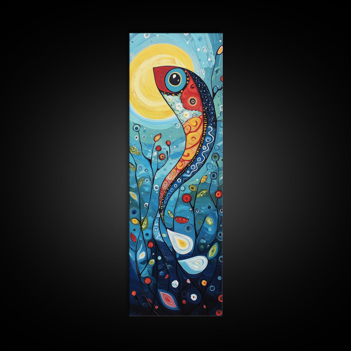 Koi Fish Fantasy, koi fish painting, whimsical art, framed canvas print, vibrant wall art, long narrow wall art, tall skinny art
