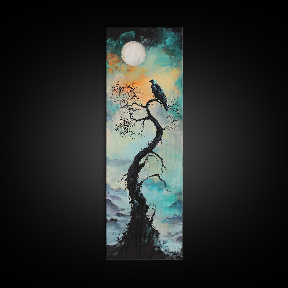 Raven Moon, dark angels wall art, framed canvas print, moody art, witch painting, gothic art, above bed wall art, celestial painting