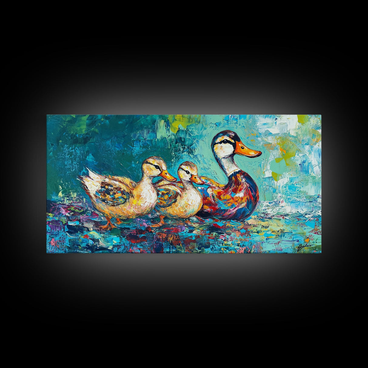 Duck Family, bird art, whimsical art, teal wall art, gift idea for her, landscape painting, extra wide art, Framed Canvas Print