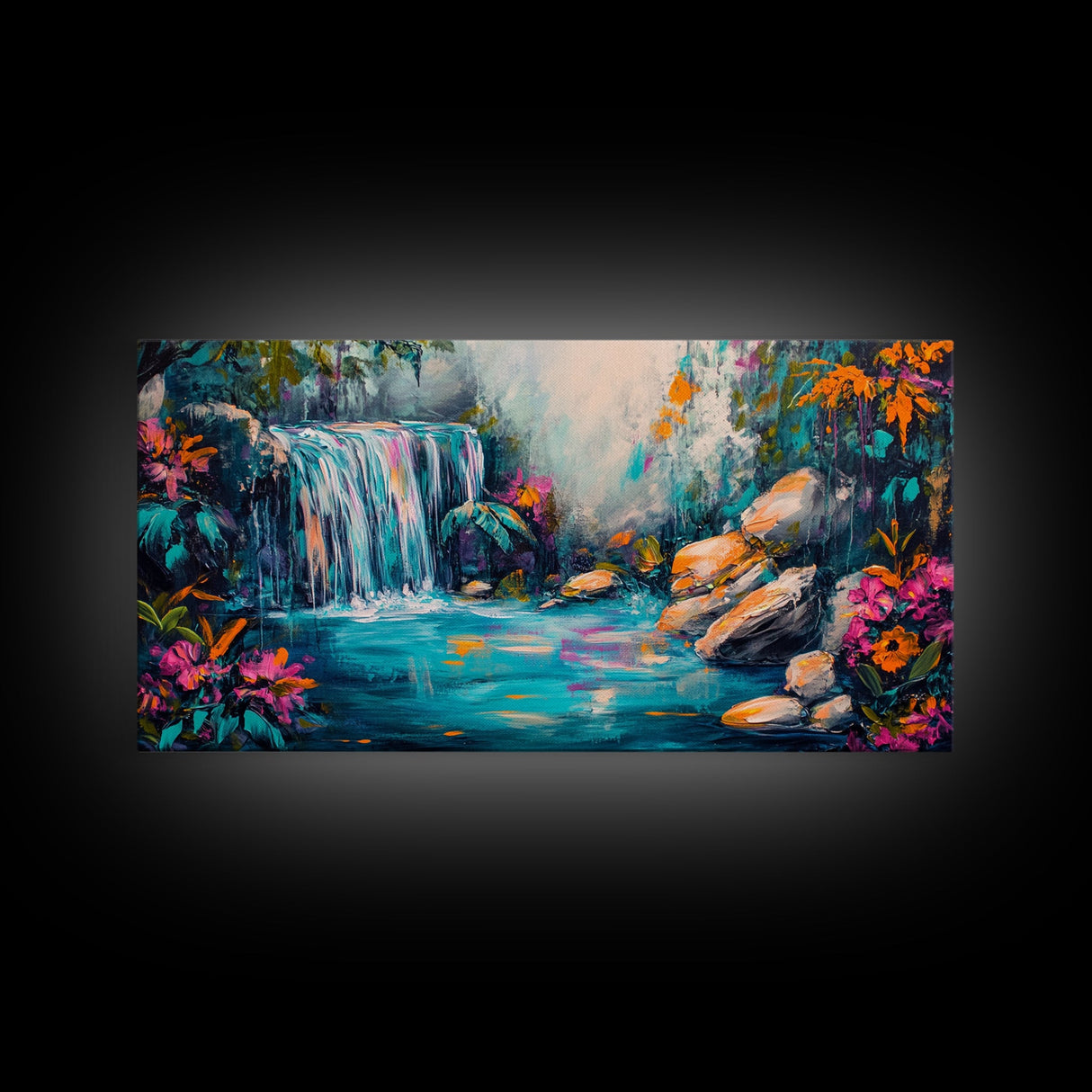 Vibrant Waterfall, Canvas Print, landscape painting, moody art, tropical art, teal wall art, extra wide art, rustic decor