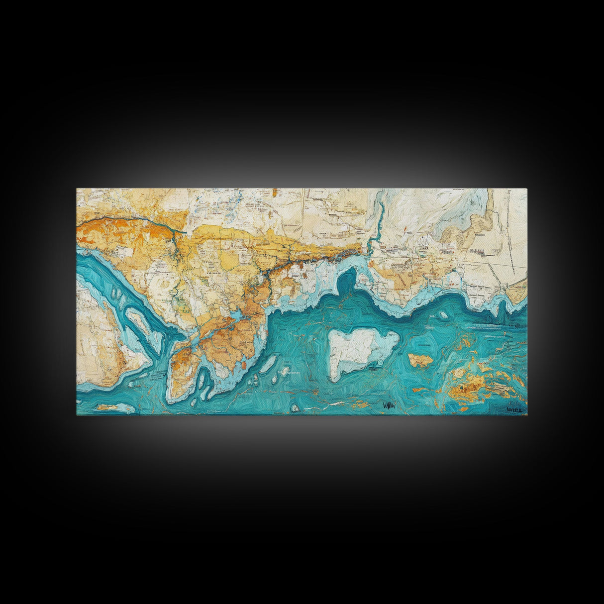 Abstract Map Art, Coastal Decor, Nautical Painting, Extra Wide Art, Framed Canvas Print, Blue and Green Wall Art