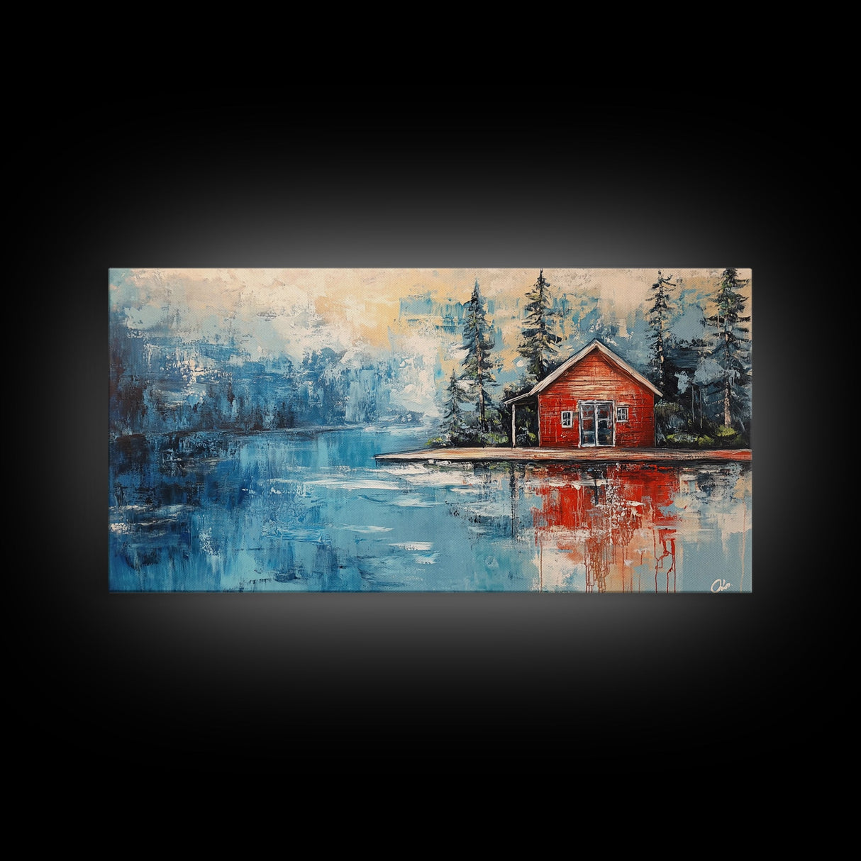 Red Cabin Painting, Lake Tahoe Art, Rustic Wall Art, Barn Landscape Oil Painting, Framed Canvas Print, Above Couch Art, Bedroom Art