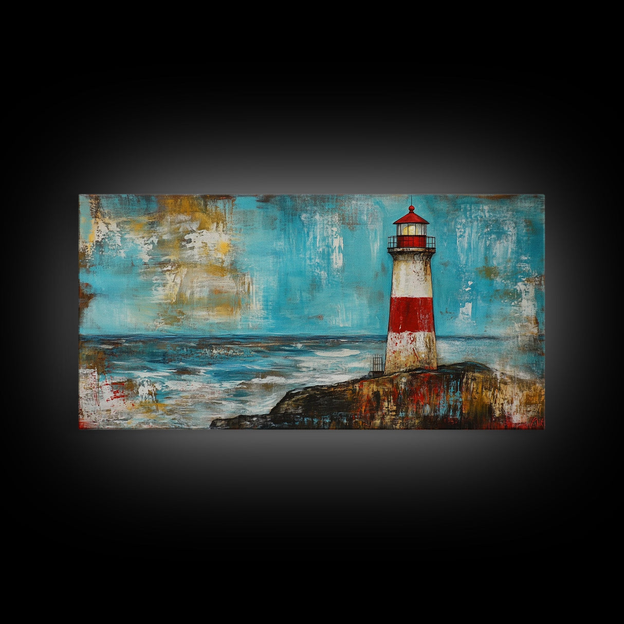 Red Lighthouse, nautical painting, coastal wall art, beach house decor, ocean painting, framed canvas print, above couch art