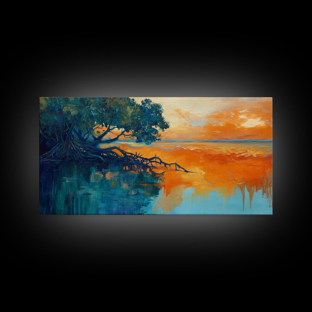 Mangrove Sunset Painting, coastal landscape art, blue and green wall art, seascape painting, nautical wall art, framed canvas print