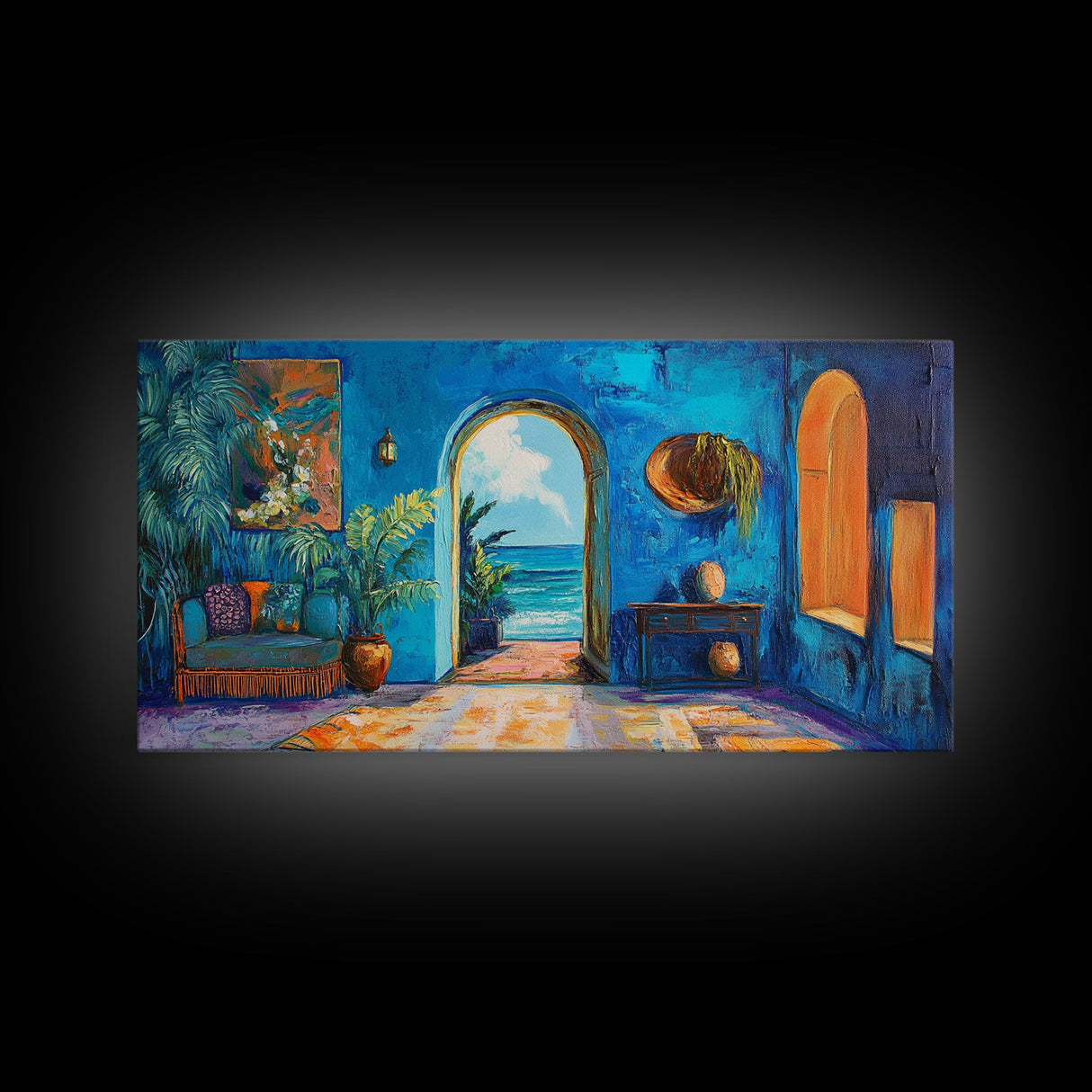 Moroccan Archway, Coastal Decor, Canvas Print, Moroccan Wall Art, Nautical Painting, Coastal Painting, Boho Art, Ocean View
