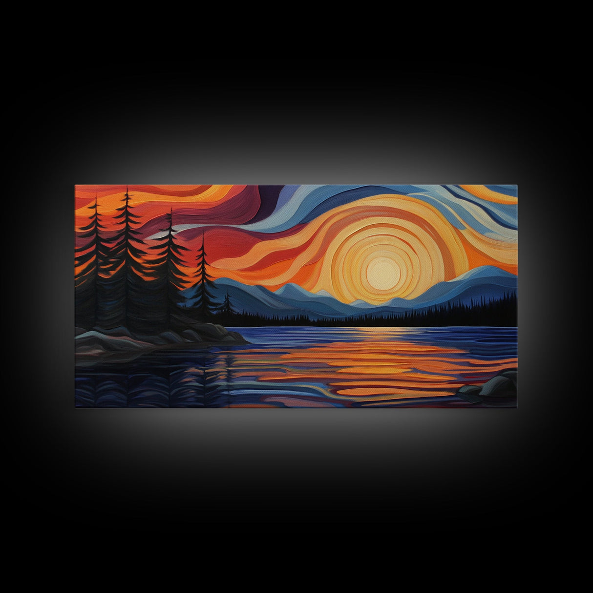 Sunset Lake, Mountain Painting, Framed Canvas Print, Pine Tree Art, Pink Orange Wall Art, Rustic Art, Landscape Painting