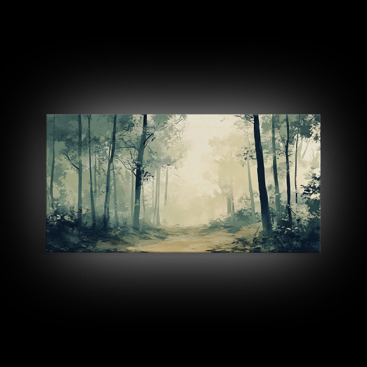 Foggy Forest Path, forest at dusk painting, pine tree art, wabi sabi art, moody art, extra wide art, rustic wall art, Canvas Print
