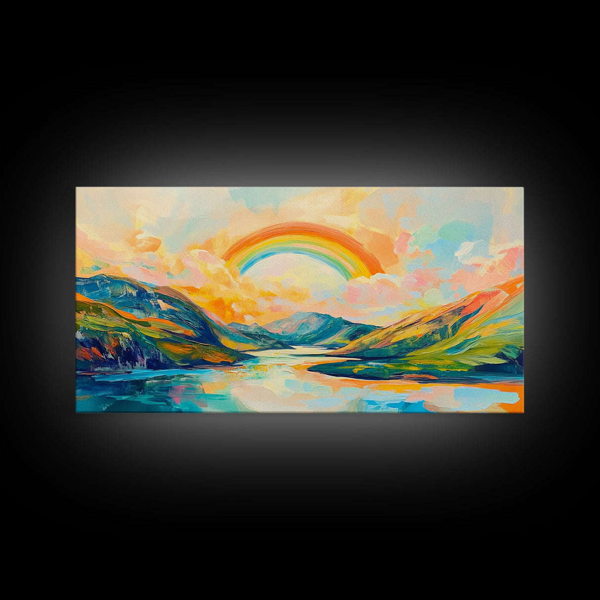 Rainbow Over Mountains, landscape painting, panoramic art, framed canvas print, extra wide art, mountain painting, colorful art