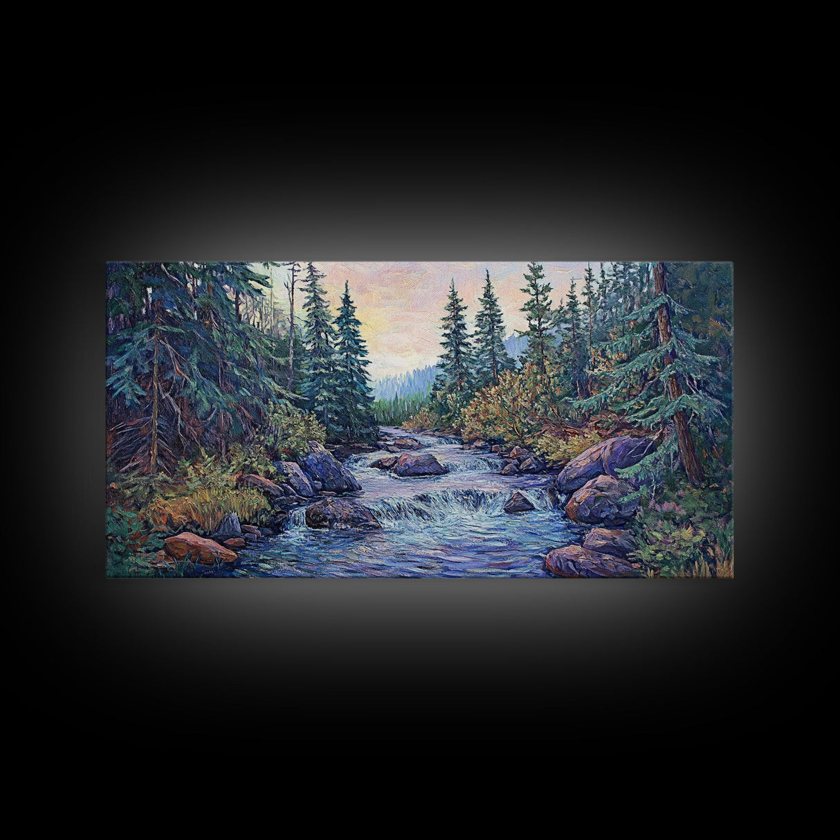 Forest River Scene, pine tree art, mountain painting, landscape painting, smoky mountain art, rustic decor, Framed Canvas Print