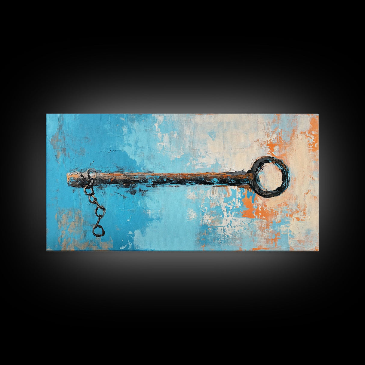 Rustic Key Painting, teal wall art, farmhouse art, coastal decor, framed canvas print, wabi sabi art, extra wide art, moody art